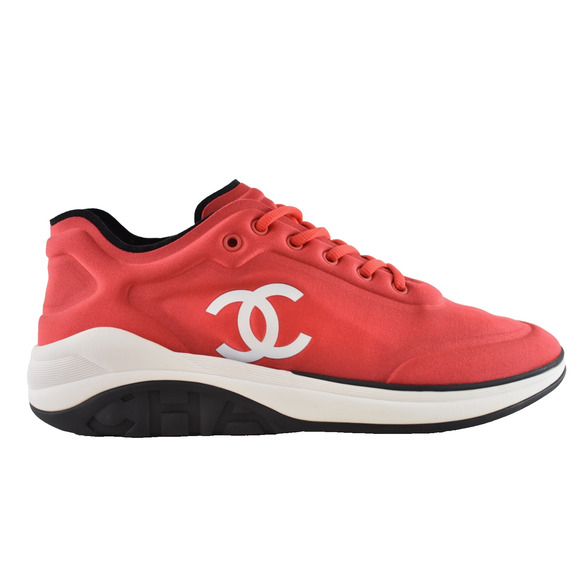 Chanel Mens 19P Red Lycra White Black CC Logo Lace Low Top Trainer Sneaker 43 10 - Picture 1 of 12